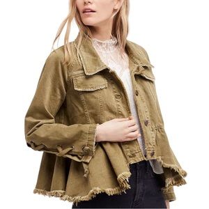 Free People Willow Lace Up Cuff Peplum Cotton Denim Jacket